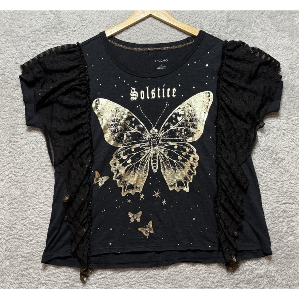 Anthropologie Pilcro Womens L Butterfly Tee Black Gold Lace Ruffle Boho Fairy - Picture 5 of 11